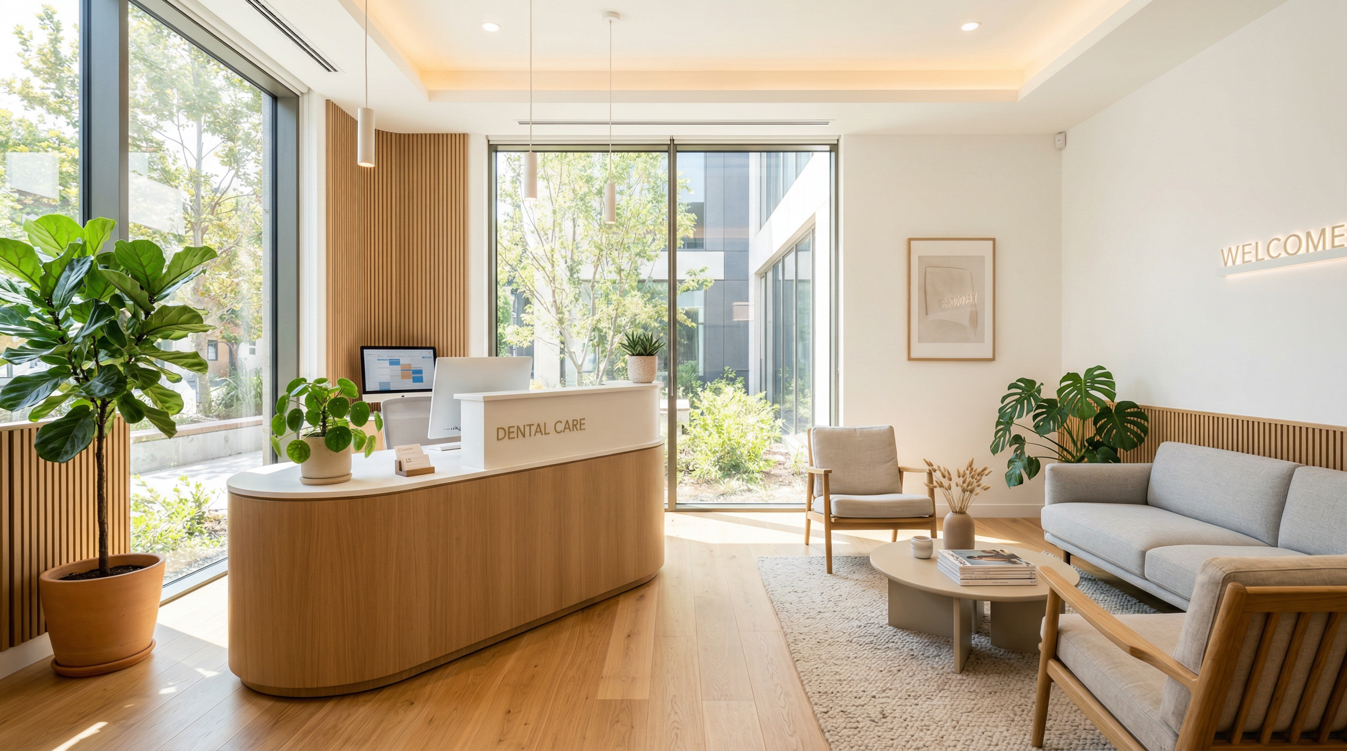 Modern holistic dental office with natural light and green plants